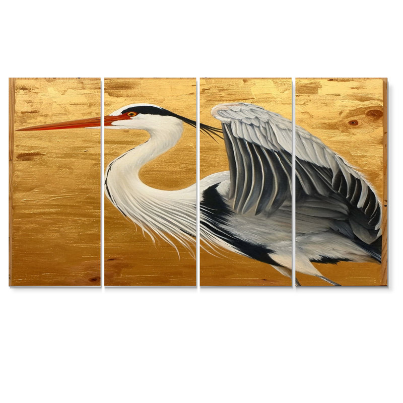 «Heron Ready For Liftoff On Gold», art mural animal sur toile 4 pièces, H 28 po x l 48 po