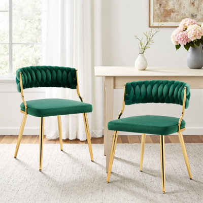Ensemble de chaises de salle à manger rembourrées en velours 2 pièces Christal avec dossier incurvé tressé et pieds en métal Christal