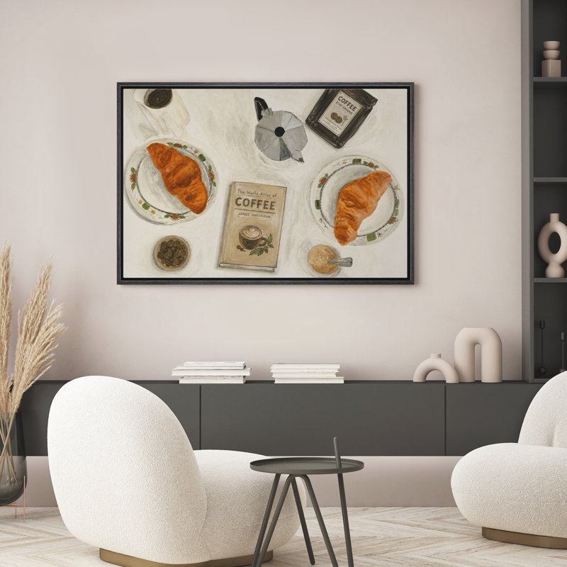 «Warm Neutral Coffee and Croissant Breakfast Still Life», reproduction d'art sur toile encadrée dans la chambre principale