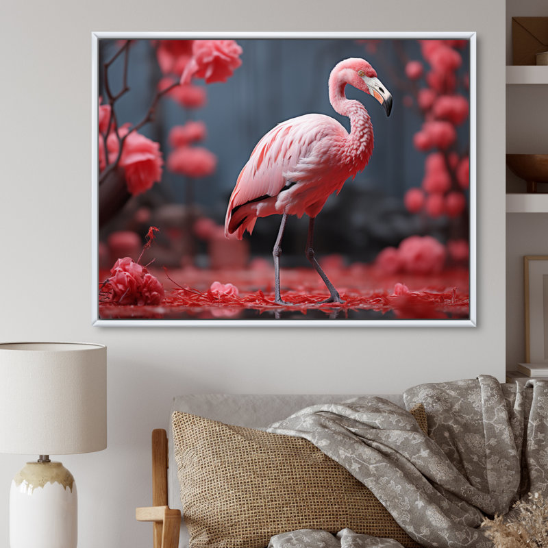 Flamant rose élégant - imprimé, 34" H x 44" W, Cadre flottant blanc