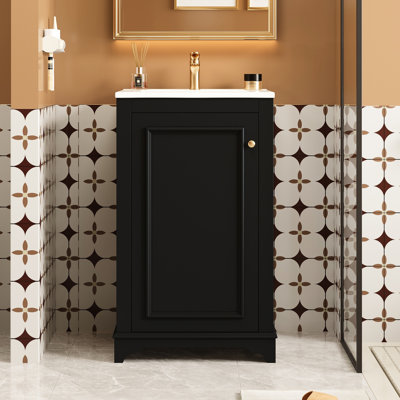 Meuble-lavabo contemporain noir de 20,1 po avec lavabo intégré, rangement à une porte, charnières à fermeture en douceur, tablette réglable, meuble-lavabo autoportant en pin massif et planches 20 po