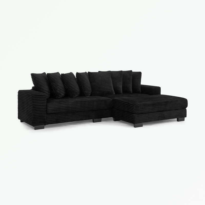 Corduroy L-Shaped Sectional Sofa with pillows and ottoman, Black Corduroy