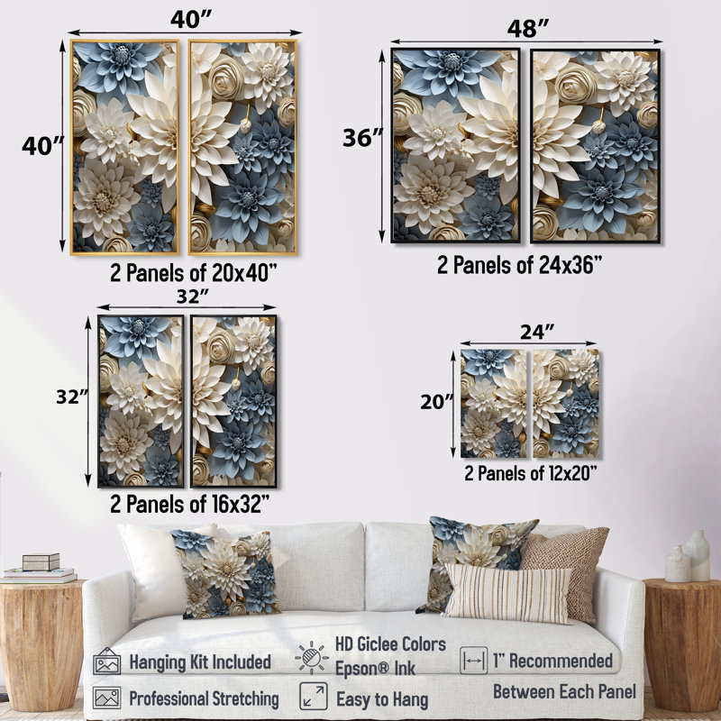 «Simplicity Mums Bloom» en beige et bleu pâle II - art mural grand maman, Impression encadrée flottante, Black, 36" H x 48" W