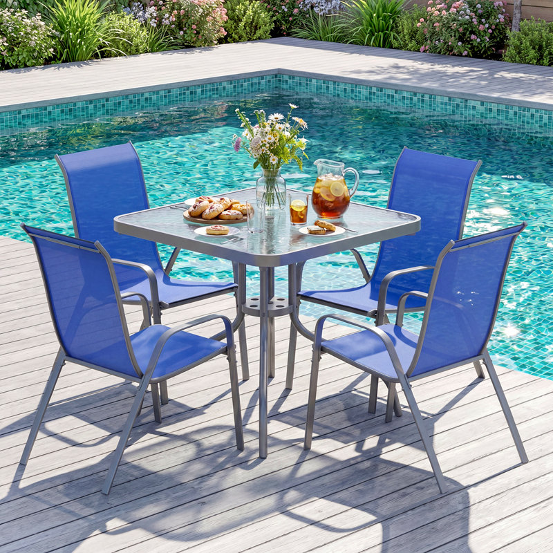 Melisa Patio Dining Set 5 Pieces, All Weather Outdoor Furniture W/30"X 30" Table and 4 Stackable PVC-coated polyester Chairs, Metal Table and Chairs for Patio, Lawn, Garden, Poolside, Backyard (Umbrella not Included)