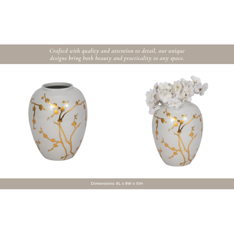 10" Gold Branches Vase, White