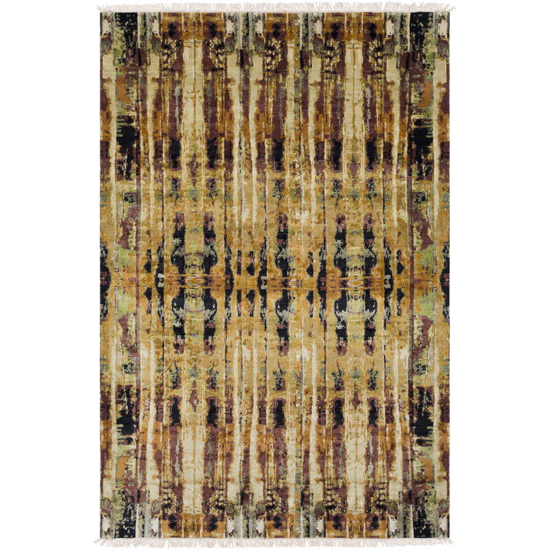 Govandi Hand Knotted Silk Abstract Area Rug, Rectangle 6' x 9'