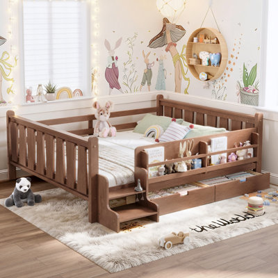 Grand lit au sol avec bibliothèques et tiroirs de rangement, lit en bois massif pour enfants avec de jolis escaliers et garde-corps, aucun sommier nécessaire, naturel