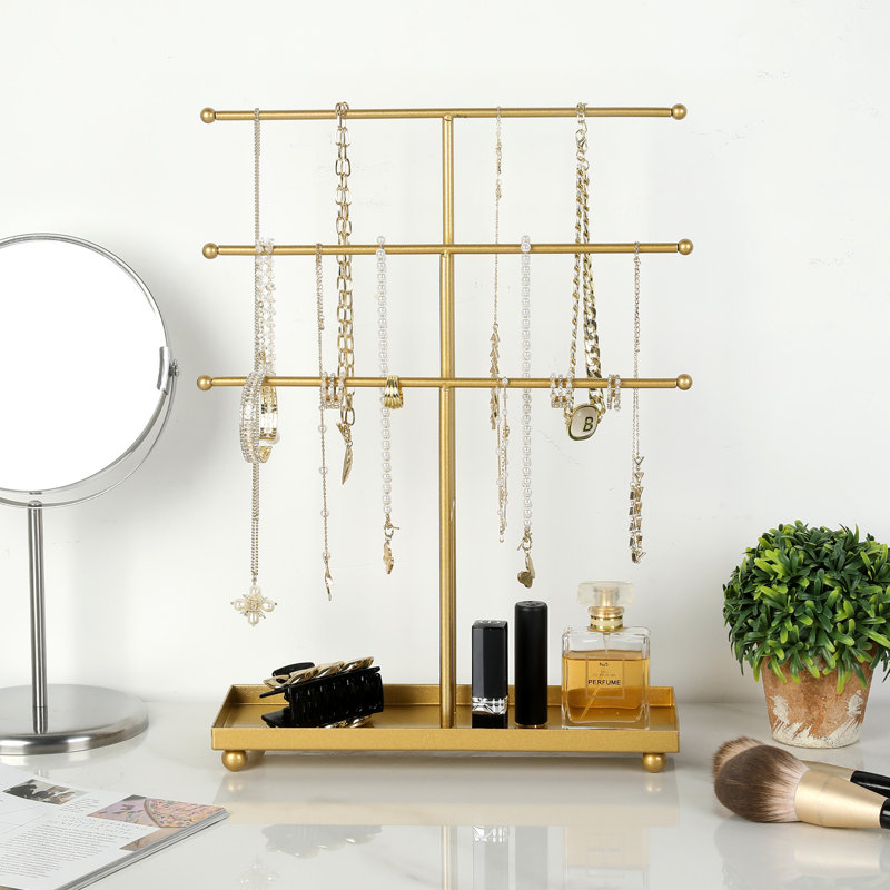 Support à bijoux en métal doré à 3 niveaux avec plateau à accessoires 