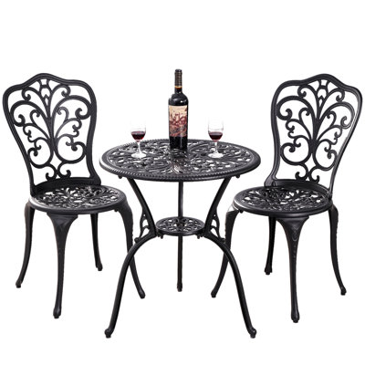Olivar Round 2 - Cast Aluminum Bistro Set with Umbrella Hole Outdoor Table and Chairs Set of 2 for Garden,Black by Fleur De Lis Living