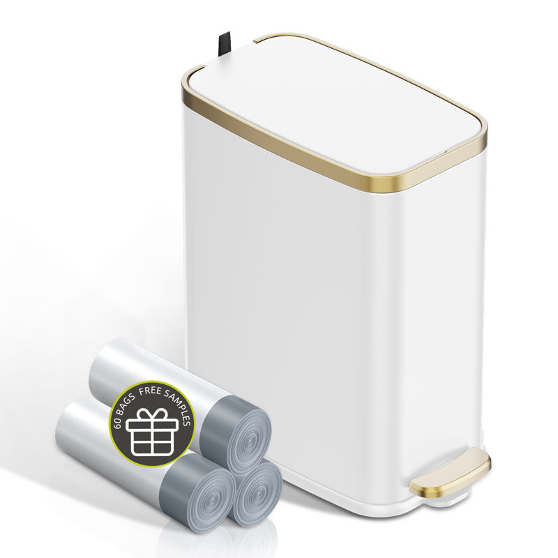 Poubelle de salle de bain 1,6 gallon avec couvercle à fermeture lente, pédale, poubelle en acier inoxydable de 6 L avec seau intérieur amovible, filtre à odeurs intégré, petite poubelle pour salle de bain, toilette, bureau à domicile, chambre à coucher (blanc)