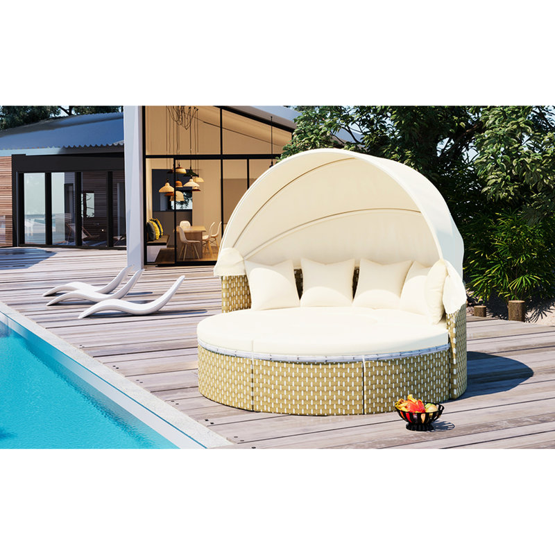 Canapé modulaire d'extérieur beige avec auvent rétractable, table ajustable et structure