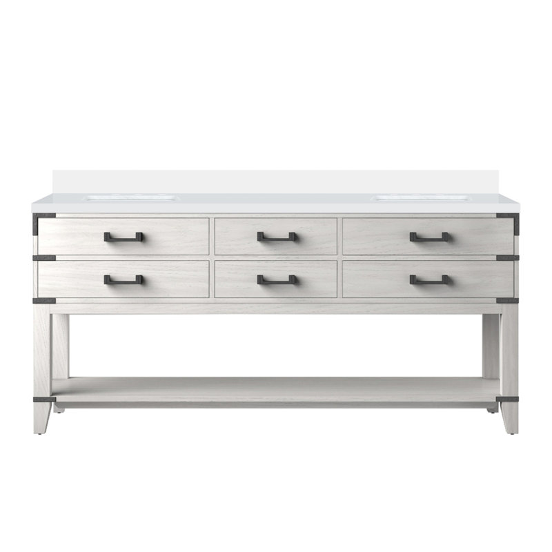 Meuble-lavabo double en chêne blanc 84 po X P 22 po D, avec plateau en quartz blanc, 84", Chêne blanc