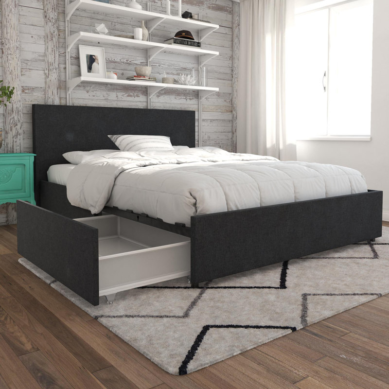 Lit plateforme revêtu et avec rangement Kelly, Double, Gris foncé