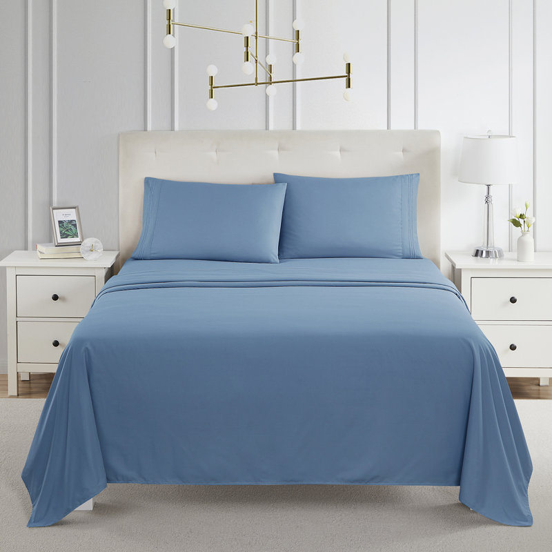  Ensemble de draps double brossé de luxe pour hôtel avec draps et taies d'oreiller très doux, Bleu ciel, Double XL