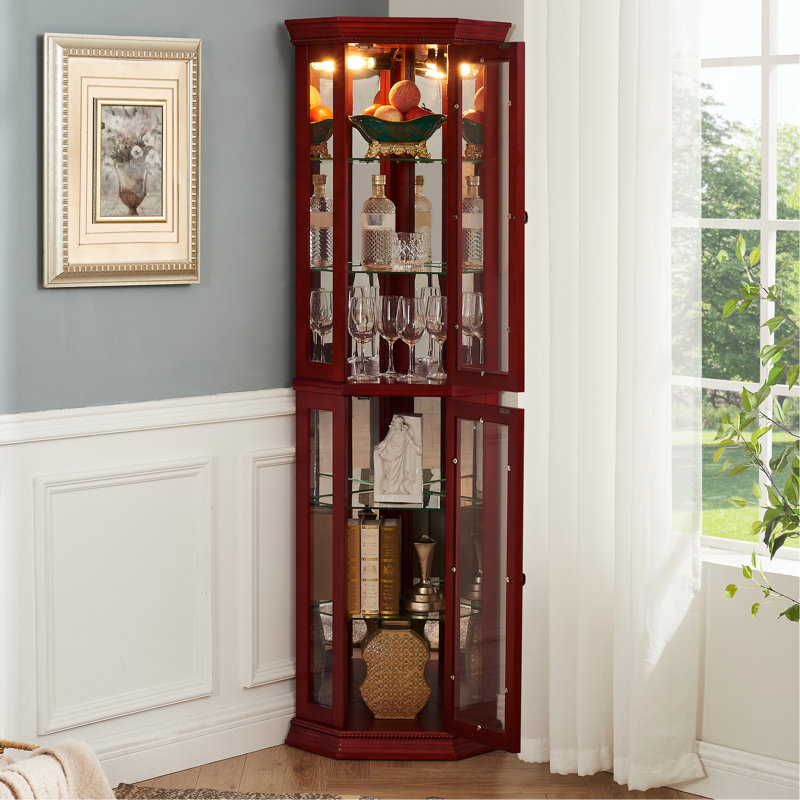 Magnifique agencement de tablette en cerisier avec porte vitrée et panneaux d'armoire réglables, Cerisier