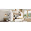 Lit plateforme simple avec tiroirs, lit maison en bois massif avec tablettes, conception enfantine, blanc et naturel-799560664