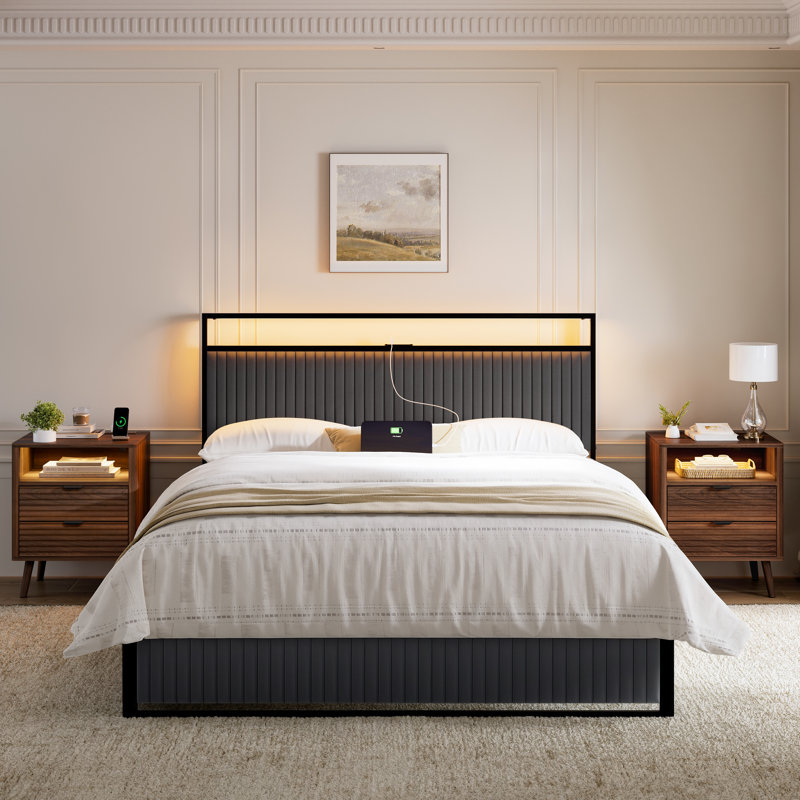 Grise 3 Piece Bedroom Sets, Upholstered Bed With 2 Drawers& 2 Wave Nightstand, Queen, Gray/Walnut