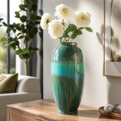 Vase en céramique à glaçure réactive bleue et verte