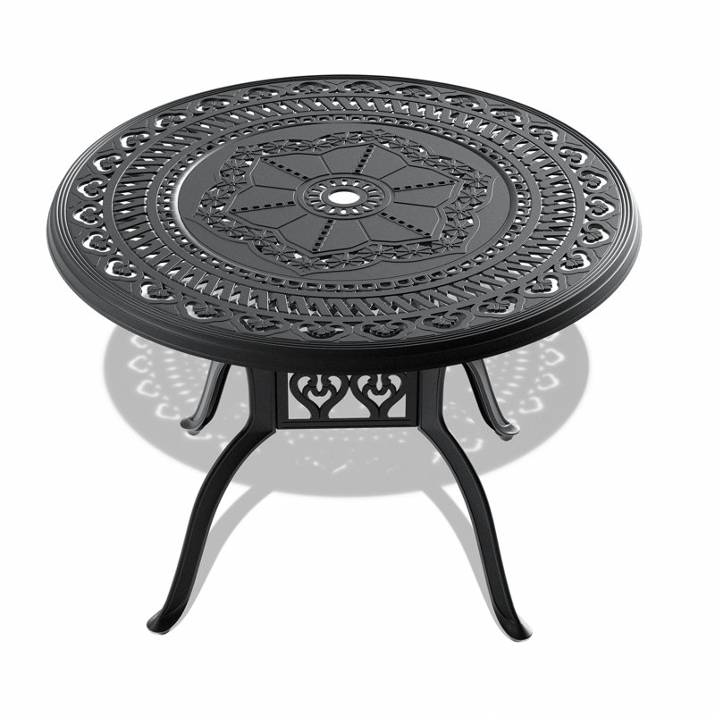 Table de salle à manger 39,37 pouces en fonte d'aluminium avec structure noire et trou pour parasol