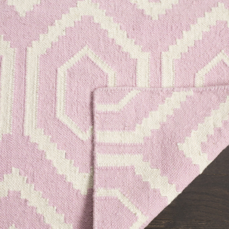 Waukena Hand Woven Flat Weave Wool/Cotton Geometric Rug in Pink/Ivory, Rectangle 5' x 8'