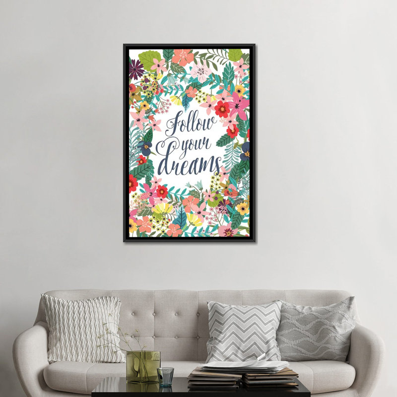« follow your my rêves », art sur toile, H 60 po x l 40po x P 1,5 po, Toile avec cadre flottant noir, Pas de tapis