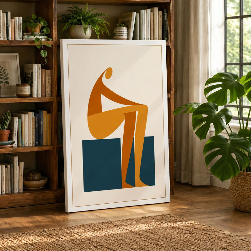 Contemplative Figure Minimalist - Wrapped Canvas, 30x20 - 76.2 x 50.8 cm, Teal Border