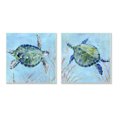 «Abstract Blue Green Sea Turtles Deep Sea Coral» par Carol Robinson - ensemble de 2 impressions d'art graphique
