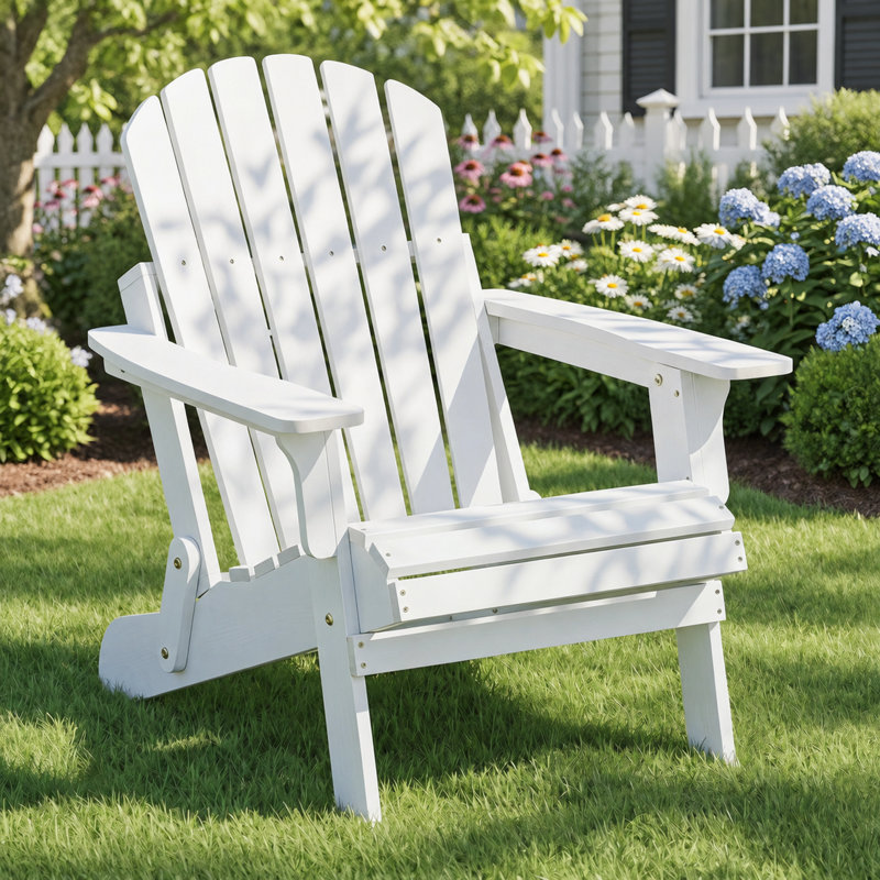 Chaise Adirondack classique de style côtier en bois de pruche massif avec cadre pliable, Six lattes, White