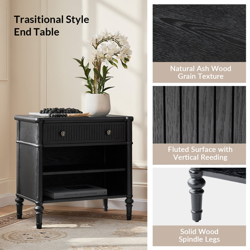 Hoai Transitional 26"W Fluted 1-Drawer Solid End Tables with Built-In Charging Station Set of 2, Black