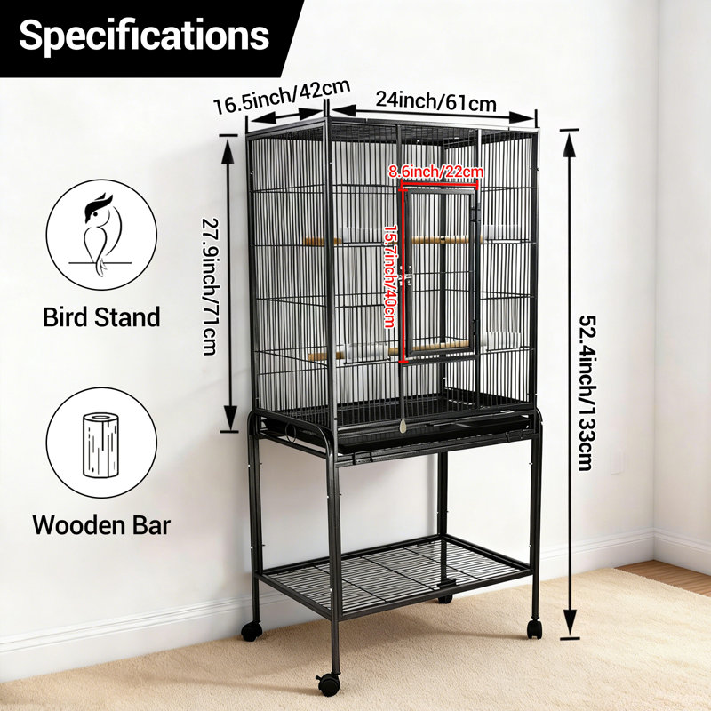 Cage de vol d'oiseau 53 pouces avec roues, cage perroquet sur pied en fer forgé, noir