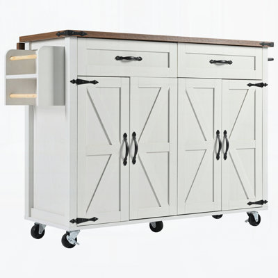 53.5''Farmhouse Kitchen Island With Power Outlet, Kitchen Storage Island With Drop Leaf, Spice Rack And Drawer