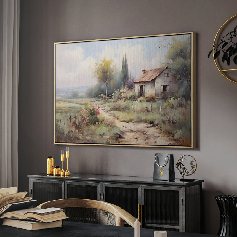Paysage rétro - Toile tendue avec châssis encadré DLxxv, Brun, H 27 po x l 41 po