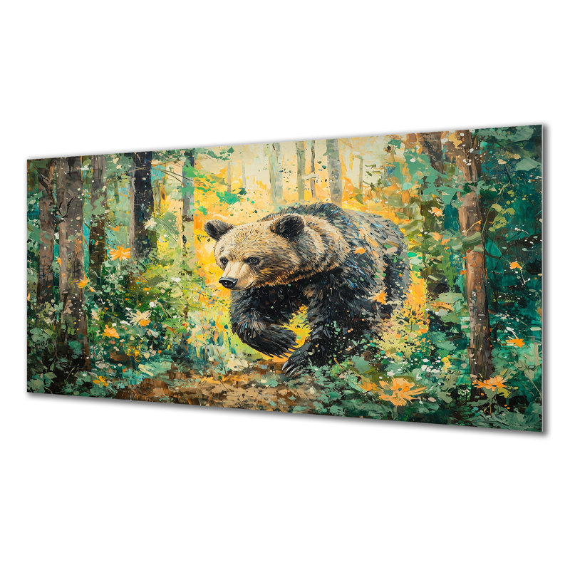 Ours dans la forêt du printemps II - reproduction d'ours sur métal, H 28 po x l 60 po