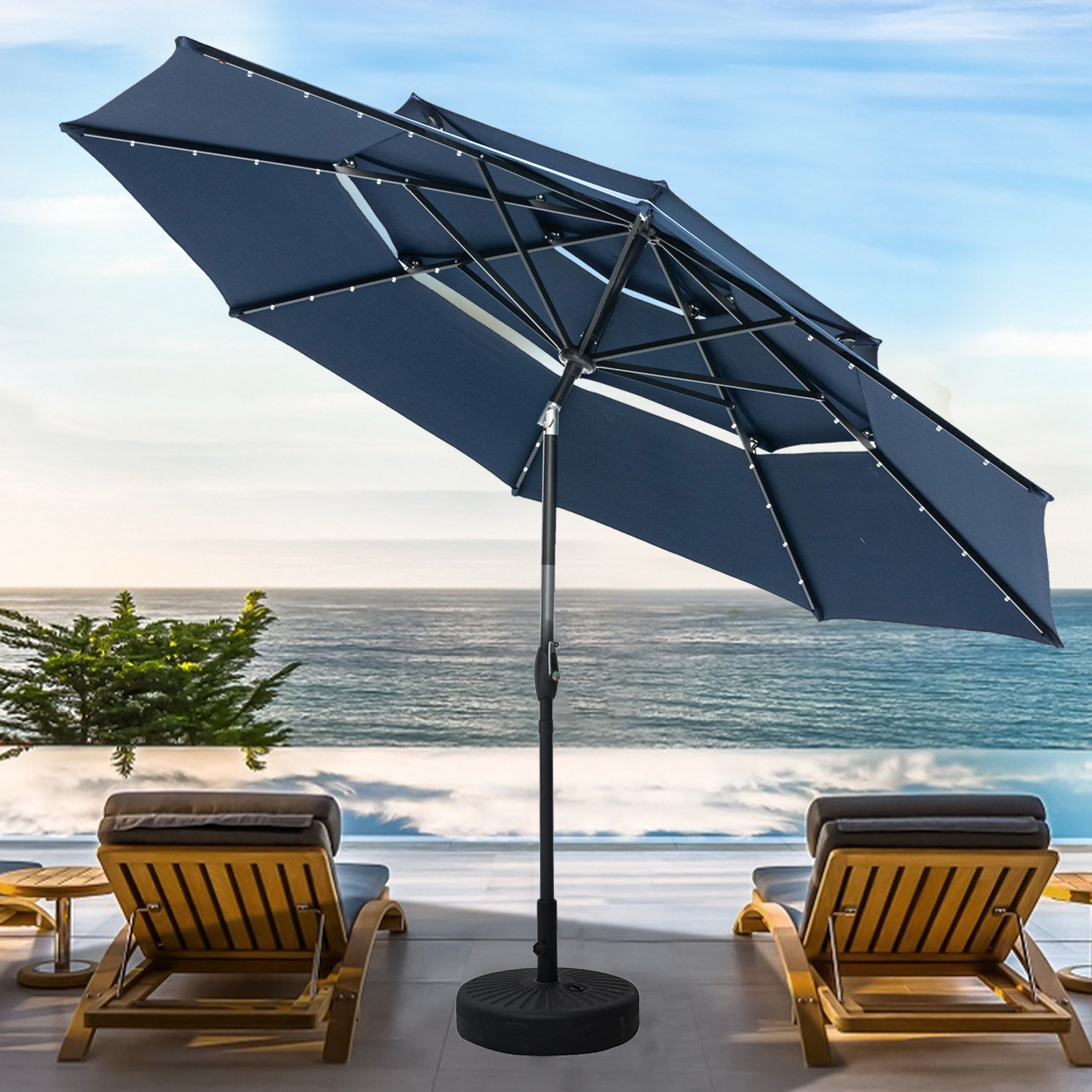 Arlmont & Co. 3 Tiers Market Umbrella 10Ft Lighted Umbrella Beach With ...