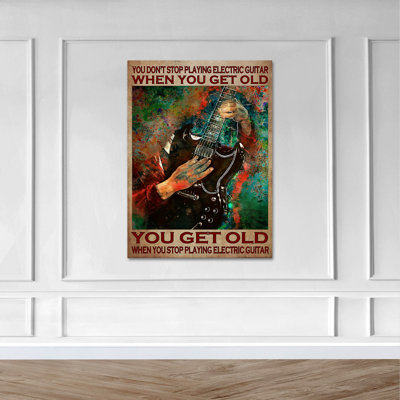 Colorful Hand Playing Guitar - You Donâ??T Stop Playing Electric Guitar Gallery Wrapped Canvas - Music Illustration Decor, Blue, Red And Brown Living Room Decor