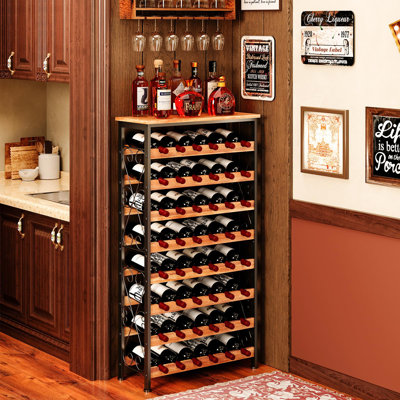 Support à vin 48 bouteilles pour plancher autoportant avec plateau en bois, étagère de rangement pour 8 niveaux avec station de service, porte-bouteilles pour la cuisine, bar, salle à manger, armoire de bar pour bouteilles de vin, sans oscillation