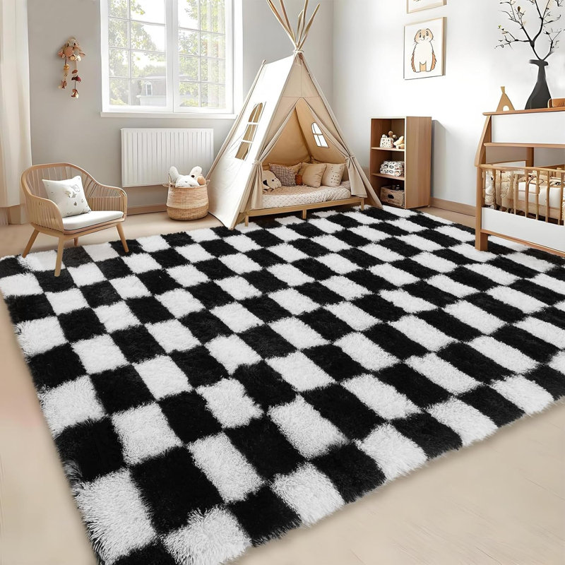 2x6 Runner Rug - Machine Washable, Non-Slip, Stain-Resistant Checkerboard Plush Carpet for Hallways, Entryways, Bedrooms (Navy Blue)