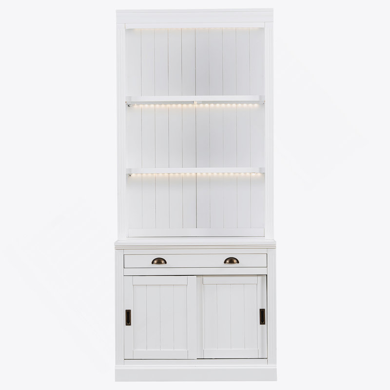 Bibliothèque de 83,4 po de hauteur avec éclairage à 3 couches DEL, bibliothèque moderne avec portes coulissantes et tablettes ouvertes, bibliothèque de rangement pour le salon, bureau à domicile, blanc