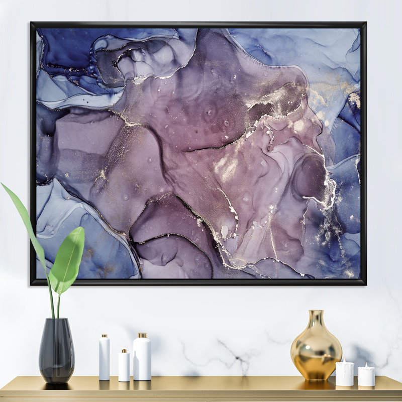 Gris et mauve, encre de marbre, impression sur toile murale moderne, H 34 po x l 44 po x P 1,5 po, Cadre flottant noir