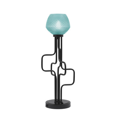 Lampe décorative Amarmula, avec ports USB, finition noir mat, verre texturé turquoise 6 po