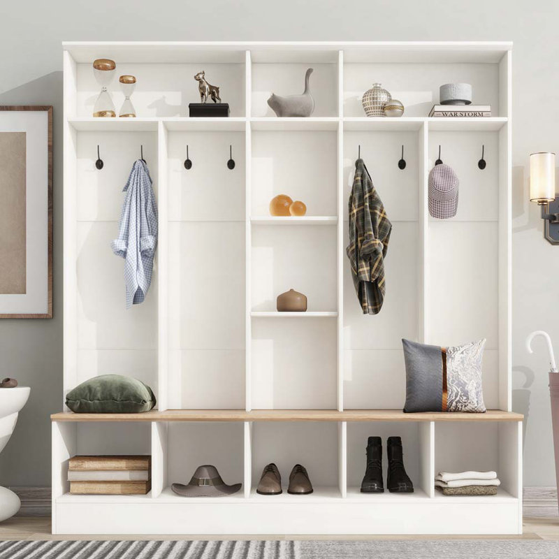 Hall Tree with Storage Bench,8 Hooks for Entryways, Mudroom, White