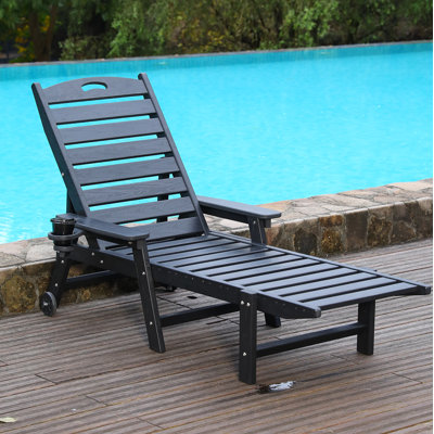 HDPE Chaise Lounge Chair Outdoor, Pool Lounge Chairs With 4-Position Adjustable Backrest, Supports Up To 400 LBS For Patio Poolside Deck Beach Backyard (Black)
