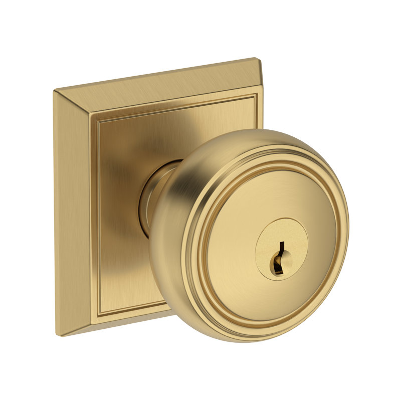 Bremerton Keyed Entry Knob with Chamfered Square Rose in Venetian Bronze, Satin Brass