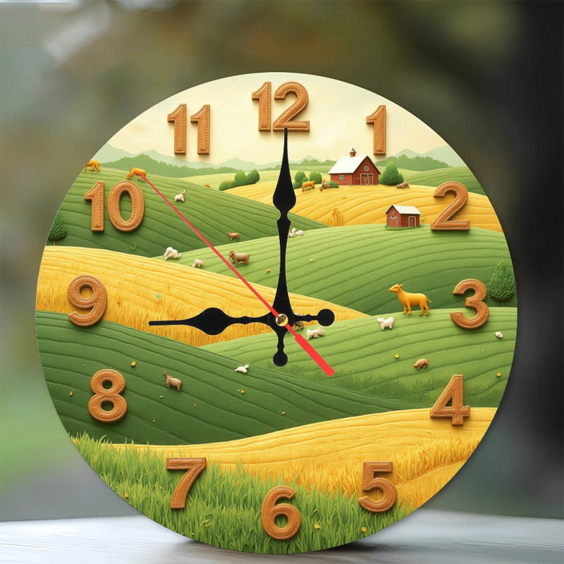 scène de ferme horloge paysage de collines rustiques