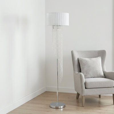 65.75"H Sheer White Drum Shade Rain Crystal Chrome Metal Floor Lamp for Living Room, Standing Lamp for Bedroom