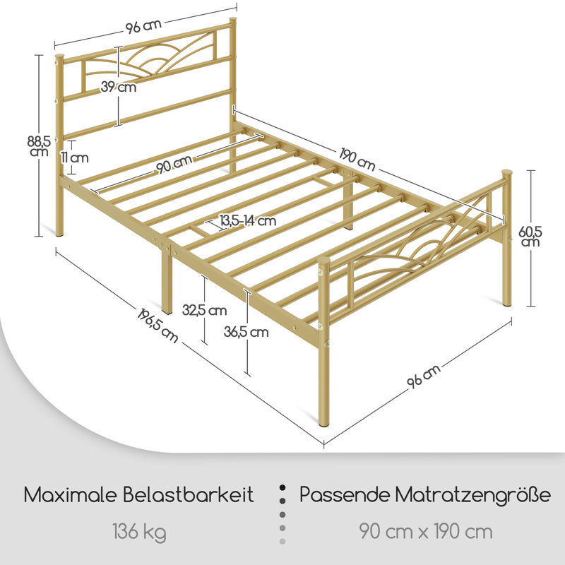 88.5cm Height Metal Bed Frame with Cloud-inspired Design Headboard, Single (3'), Antique Gold