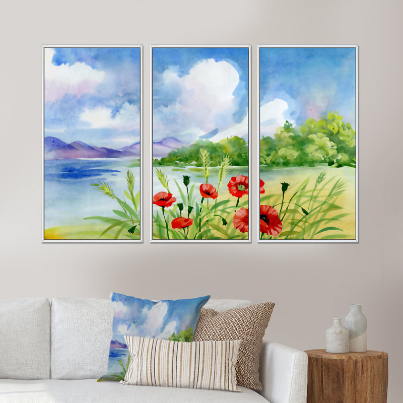 "Red Tulips on the Bank Near a Mountain River", 3 pièces, cadre flottant, impression sur toile, H 28 po x l 36 po