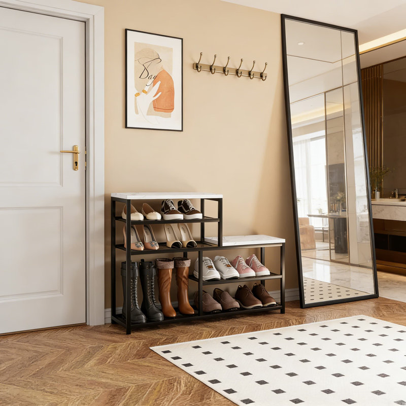 Shoe Rack Bench With Seat, 5-Tier Free Standing Shoe Storage Organizer For Entryway, Hallway, And Closet, Sturdy Metal Frame With Adjustable Feet