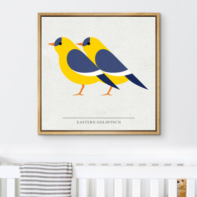 Signe, reproduction d'art sur toile encadrée, duo d'oiseaux jaunes et bleus avec typographie, animaux, faune, illustrations, art moderne, chic et ultra coloré pour le salon