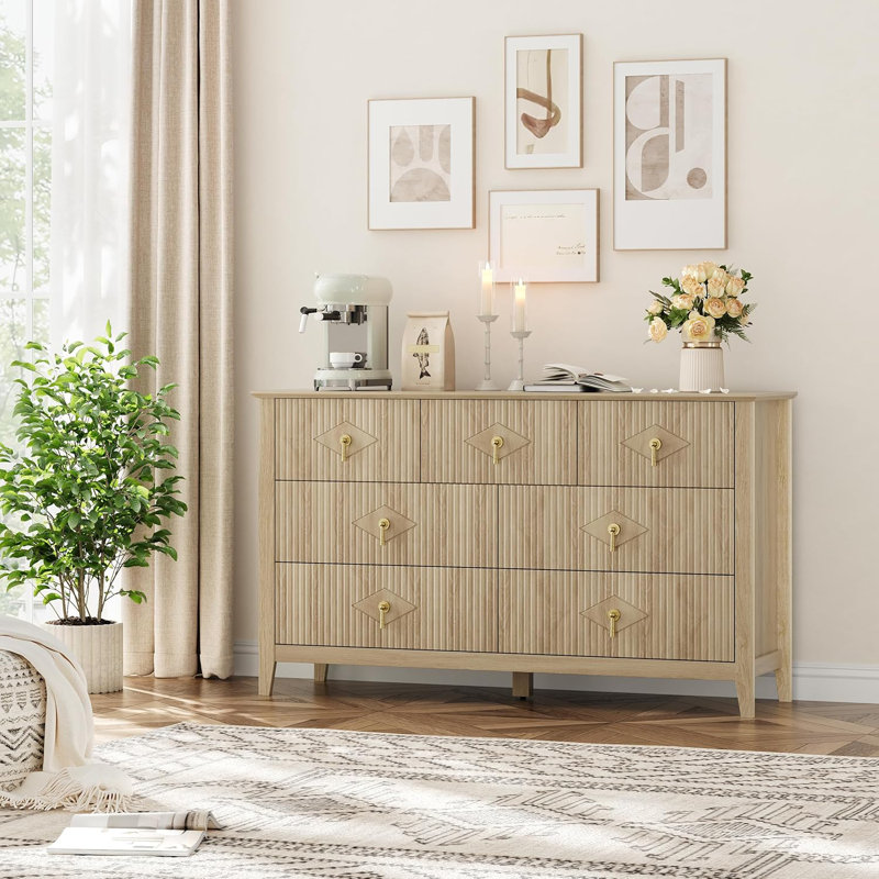 54" Wide Fluted 7-Drawer Modern Wooden Dresser, Yellow